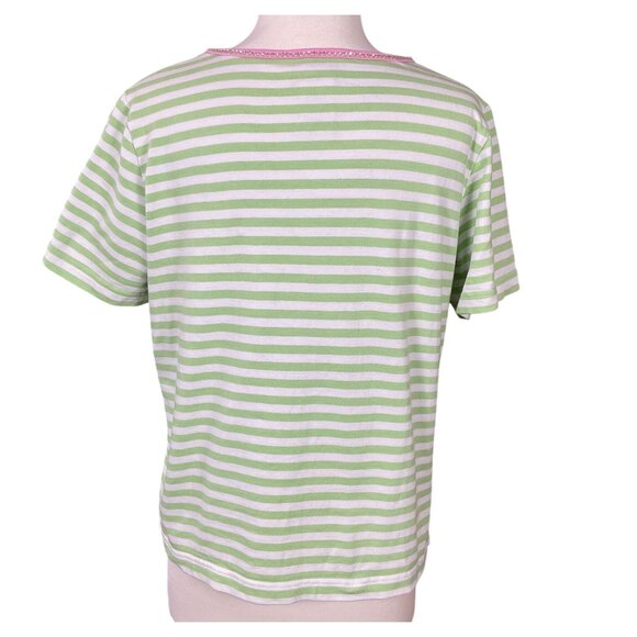 Quacker Factory Short Sleeve Green White Striped Scoop Rhinestone Neck VTG Tee - Picture 4 of 7